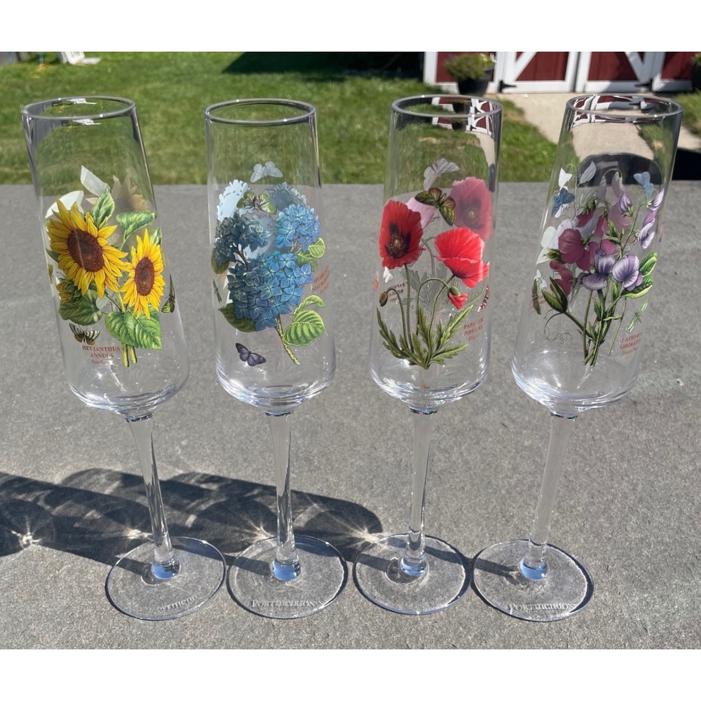 Portmeirion Botanic Garden Champagne Flutes Set of 4 Floral Glasses 10"